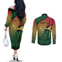 Personalised Long Live Vanuatu Independence Day Couples Matching Off The Shoulder Long Sleeve Dress and Long Sleeve Button Shirt 46th Anniversary Woven Pattern LT14 - Polynesian Pride