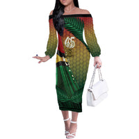 Personalised Long Live Vanuatu Independence Day Off The Shoulder Long Sleeve Dress 46th Anniversary Woven Pattern LT14 Women Reggae - Polynesian Pride