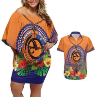 PNG New Ireland Province Couples Matching Off Shoulder Short Dress and Hawaiian Shirt Niu Ailan Necklace Polynesian Tattoo - Polynesian Pride