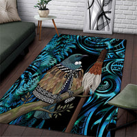 New Zealand Tui Bird Taiaha Area Rug Maori Weapon Paua Shell Mix Silver Fern LT14 Turquoise - Polynesian Pride