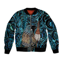 New Zealand Tui Bird Taiaha Bomber Jacket Maori Weapon Paua Shell Mix Silver Fern LT14 Unisex Turquoise - Polynesian Pride
