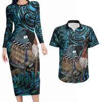 New Zealand Tui Bird Taiaha Couples Matching Long Sleeve Bodycon Dress and Hawaiian Shirt Maori Weapon Paua Shell Mix Silver Fern LT14 Turquoise - Polynesian Pride