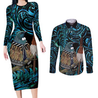 New Zealand Tui Bird Taiaha Couples Matching Long Sleeve Bodycon Dress and Long Sleeve Button Shirt Maori Weapon Paua Shell Mix Silver Fern LT14 Turquoise - Polynesian Pride