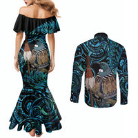 New Zealand Tui Bird Taiaha Couples Matching Mermaid Dress and Long Sleeve Button Shirt Maori Weapon Paua Shell Mix Silver Fern LT14 - Polynesian Pride