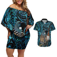 New Zealand Tui Bird Taiaha Couples Matching Off Shoulder Short Dress and Hawaiian Shirt Maori Weapon Paua Shell Mix Silver Fern LT14 Turquoise - Polynesian Pride