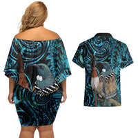 New Zealand Tui Bird Taiaha Couples Matching Off Shoulder Short Dress and Hawaiian Shirt Maori Weapon Paua Shell Mix Silver Fern LT14 - Polynesian Pride