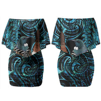 New Zealand Tui Bird Taiaha Couples Matching Off Shoulder Short Dress and Hawaiian Shirt Maori Weapon Paua Shell Mix Silver Fern LT14 - Polynesian Pride