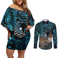 New Zealand Tui Bird Taiaha Couples Matching Off Shoulder Short Dress and Long Sleeve Button Shirt Maori Weapon Paua Shell Mix Silver Fern LT14 Turquoise - Polynesian Pride
