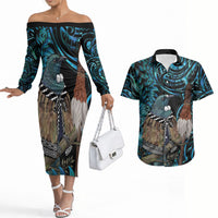 New Zealand Tui Bird Taiaha Couples Matching Off The Shoulder Long Sleeve Dress and Hawaiian Shirt Maori Weapon Paua Shell Mix Silver Fern LT14 Turquoise - Polynesian Pride