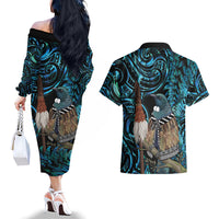 New Zealand Tui Bird Taiaha Couples Matching Off The Shoulder Long Sleeve Dress and Hawaiian Shirt Maori Weapon Paua Shell Mix Silver Fern LT14 - Polynesian Pride