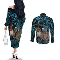 New Zealand Tui Bird Taiaha Couples Matching Off The Shoulder Long Sleeve Dress and Long Sleeve Button Shirt Maori Weapon Paua Shell Mix Silver Fern LT14 - Polynesian Pride