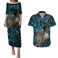New Zealand Tui Bird Taiaha Couples Matching Puletasi and Hawaiian Shirt Maori Weapon Paua Shell Mix Silver Fern LT14 Turquoise - Polynesian Pride
