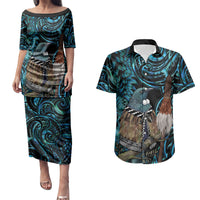 New Zealand Tui Bird Taiaha Couples Matching Puletasi and Hawaiian Shirt Maori Weapon Paua Shell Mix Silver Fern LT14 Turquoise - Polynesian Pride
