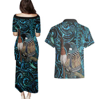 New Zealand Tui Bird Taiaha Couples Matching Puletasi and Hawaiian Shirt Maori Weapon Paua Shell Mix Silver Fern LT14 - Polynesian Pride