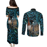 New Zealand Tui Bird Taiaha Couples Matching Puletasi and Long Sleeve Button Shirt Maori Weapon Paua Shell Mix Silver Fern LT14 - Polynesian Pride