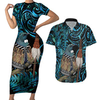New Zealand Tui Bird Taiaha Couples Matching Short Sleeve Bodycon Dress and Hawaiian Shirt Maori Weapon Paua Shell Mix Silver Fern LT14 Turquoise - Polynesian Pride