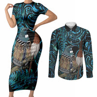 New Zealand Tui Bird Taiaha Couples Matching Short Sleeve Bodycon Dress and Long Sleeve Button Shirt Maori Weapon Paua Shell Mix Silver Fern LT14 Turquoise - Polynesian Pride