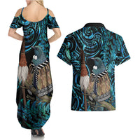 New Zealand Tui Bird Taiaha Couples Matching Summer Maxi Dress and Hawaiian Shirt Maori Weapon Paua Shell Mix Silver Fern LT14 - Polynesian Pride