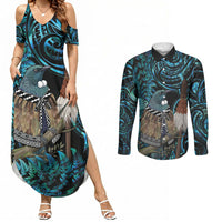 New Zealand Tui Bird Taiaha Couples Matching Summer Maxi Dress and Long Sleeve Button Shirt Maori Weapon Paua Shell Mix Silver Fern LT14 Turquoise - Polynesian Pride