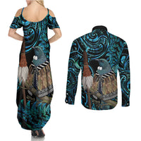 New Zealand Tui Bird Taiaha Couples Matching Summer Maxi Dress and Long Sleeve Button Shirt Maori Weapon Paua Shell Mix Silver Fern LT14 - Polynesian Pride