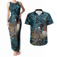 New Zealand Tui Bird Taiaha Couples Matching Tank Maxi Dress and Hawaiian Shirt Maori Weapon Paua Shell Mix Silver Fern LT14 Turquoise - Polynesian Pride