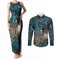 New Zealand Tui Bird Taiaha Couples Matching Tank Maxi Dress and Long Sleeve Button Shirt Maori Weapon Paua Shell Mix Silver Fern LT14 Turquoise - Polynesian Pride