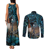 New Zealand Tui Bird Taiaha Couples Matching Tank Maxi Dress and Long Sleeve Button Shirt Maori Weapon Paua Shell Mix Silver Fern LT14 - Polynesian Pride