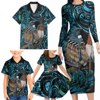 New Zealand Tui Bird Taiaha Family Matching Long Sleeve Bodycon Dress and Hawaiian Shirt Maori Weapon Paua Shell Mix Silver Fern LT14 - Polynesian Pride