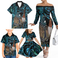 New Zealand Tui Bird Taiaha Family Matching Off The Shoulder Long Sleeve Dress and Hawaiian Shirt Maori Weapon Paua Shell Mix Silver Fern LT14 - Polynesian Pride