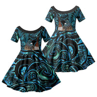New Zealand Tui Bird Taiaha Family Matching Off The Shoulder Long Sleeve Dress and Hawaiian Shirt Maori Weapon Paua Shell Mix Silver Fern LT14 Daughter's Dress Turquoise - Polynesian Pride