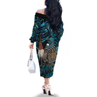 New Zealand Tui Bird Taiaha Family Matching Off The Shoulder Long Sleeve Dress and Hawaiian Shirt Maori Weapon Paua Shell Mix Silver Fern LT14 - Polynesian Pride