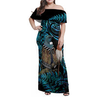 New Zealand Tui Bird Taiaha Family Matching Off Shoulder Maxi Dress and Hawaiian Shirt Maori Weapon Paua Shell Mix Silver Fern LT14 Mom's Dress Turquoise - Polynesian Pride