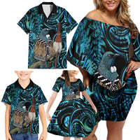 New Zealand Tui Bird Taiaha Family Matching Off Shoulder Short Dress and Hawaiian Shirt Maori Weapon Paua Shell Mix Silver Fern LT14 - Polynesian Pride