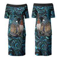 New Zealand Tui Bird Taiaha Family Matching Puletasi and Hawaiian Shirt Maori Weapon Paua Shell Mix Silver Fern LT14 Mom's Dress Turquoise - Polynesian Pride