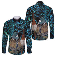 New Zealand Tui Bird Taiaha Family Matching Puletasi and Hawaiian Shirt Maori Weapon Paua Shell Mix Silver Fern LT14 Dad's Shirt - Long Sleeve Turquoise - Polynesian Pride