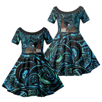 New Zealand Tui Bird Taiaha Family Matching Puletasi and Hawaiian Shirt Maori Weapon Paua Shell Mix Silver Fern LT14 Daughter's Dress Turquoise - Polynesian Pride