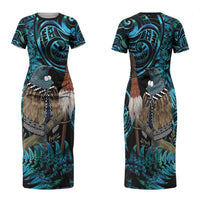 New Zealand Tui Bird Taiaha Family Matching Short Sleeve Bodycon Dress and Hawaiian Shirt Maori Weapon Paua Shell Mix Silver Fern LT14 Mom's Dress Turquoise - Polynesian Pride