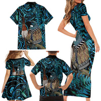 New Zealand Tui Bird Taiaha Family Matching Short Sleeve Bodycon Dress and Hawaiian Shirt Maori Weapon Paua Shell Mix Silver Fern LT14 - Polynesian Pride