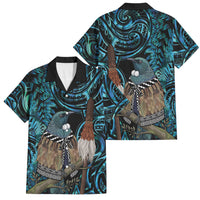 New Zealand Tui Bird Taiaha Family Matching Short Sleeve Bodycon Dress and Hawaiian Shirt Maori Weapon Paua Shell Mix Silver Fern LT14 Dad's Shirt - Short Sleeve Turquoise - Polynesian Pride