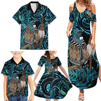 New Zealand Tui Bird Taiaha Family Matching Summer Maxi Dress and Hawaiian Shirt Maori Weapon Paua Shell Mix Silver Fern LT14 - Polynesian Pride
