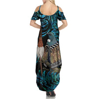New Zealand Tui Bird Taiaha Family Matching Summer Maxi Dress and Hawaiian Shirt Maori Weapon Paua Shell Mix Silver Fern LT14 - Polynesian Pride