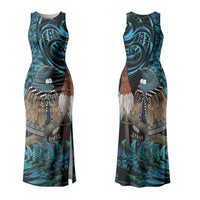 New Zealand Tui Bird Taiaha Family Matching Tank Maxi Dress and Hawaiian Shirt Maori Weapon Paua Shell Mix Silver Fern LT14 Mom's Dress Turquoise - Polynesian Pride