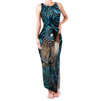 New Zealand Tui Bird Taiaha Family Matching Tank Maxi Dress and Hawaiian Shirt Maori Weapon Paua Shell Mix Silver Fern LT14 Mom's Dress Turquoise - Polynesian Pride