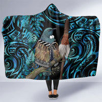New Zealand Tui Bird Taiaha Hooded Blanket Maori Weapon Paua Shell Mix Silver Fern LT14 One Size Turquoise - Polynesian Pride