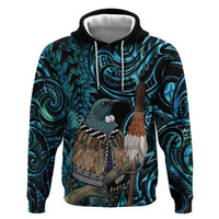 New Zealand Tui Bird Taiaha Hoodie Maori Weapon Paua Shell Mix Silver Fern LT14 Pullover Hoodie Turquoise - Polynesian Pride