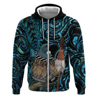 New Zealand Tui Bird Taiaha Hoodie Maori Weapon Paua Shell Mix Silver Fern LT14 Zip Hoodie Turquoise - Polynesian Pride
