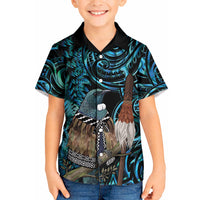 New Zealand Tui Bird Taiaha Kid Hawaiian Shirt Maori Weapon Paua Shell Mix Silver Fern LT14 Kid Turquoise - Polynesian Pride