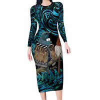New Zealand Tui Bird Taiaha Long Sleeve Bodycon Dress Maori Weapon Paua Shell Mix Silver Fern LT14 Long Dress Turquoise - Polynesian Pride