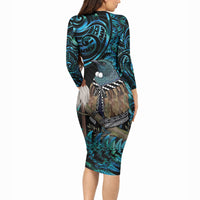 New Zealand Tui Bird Taiaha Long Sleeve Bodycon Dress Maori Weapon Paua Shell Mix Silver Fern LT14 - Polynesian Pride