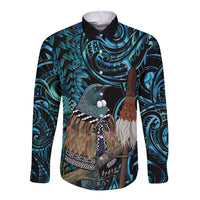 New Zealand Tui Bird Taiaha Long Sleeve Button Shirt Maori Weapon Paua Shell Mix Silver Fern LT14 Unisex Turquoise - Polynesian Pride